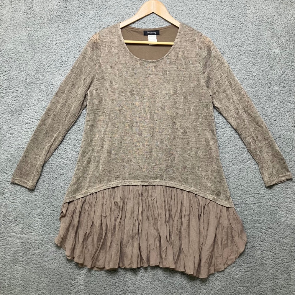 Sassybling Tunic Top Women L Taupe Brown Textured Long Sleeve Ruffle Hem‎ Tiered